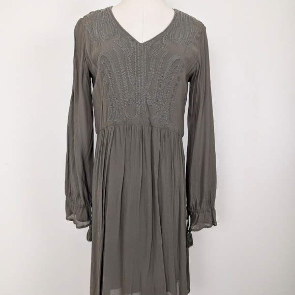 EDC Mini Dress Olive Khaki Green V-Neck Balloon Sleeve Embroidered Long Sleeve - Picture 7 of 13